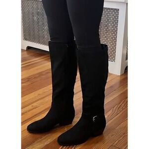 Black Faux Suede Knee High Boots Block Heel Zipper Side Buckle Women's Size 6